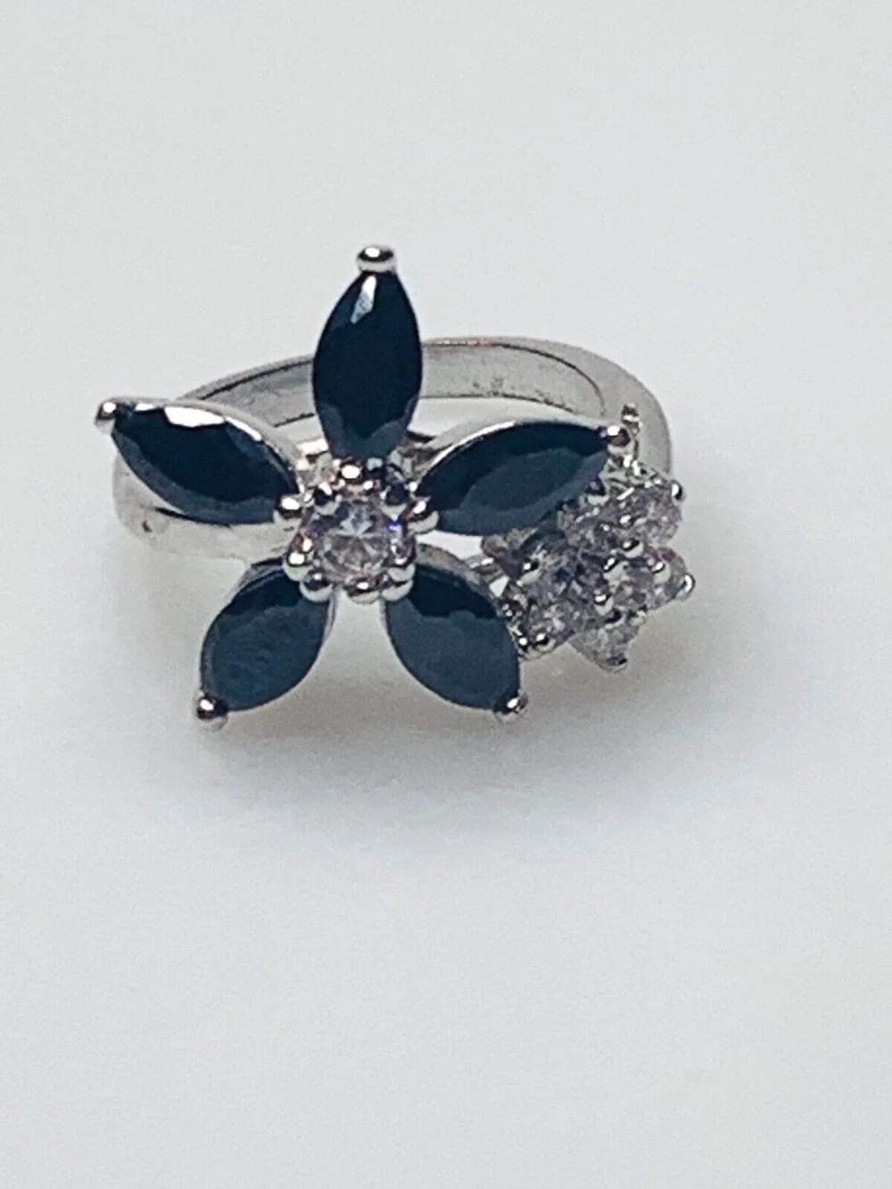 Black & Clear Flower Ring, Black Marquise Stones, Clear Stone Cluster, Cocktail